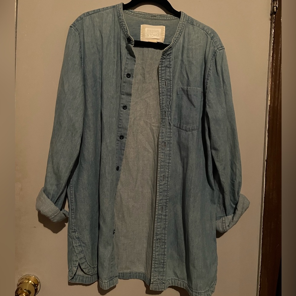 Vintage Granddad Collar Denim Shirt Light Stonewash